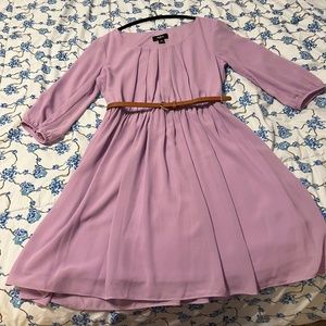 Women's Mid Sleeve Pleated Lavender Mini Dress with Belt